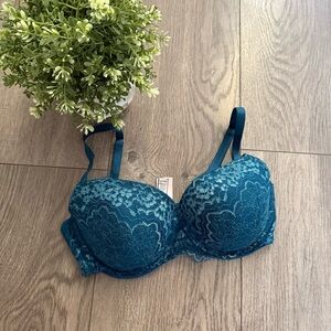 Victoria's Secret Dream Angels Blue & Gold Shimmer Lace Bra 32DD